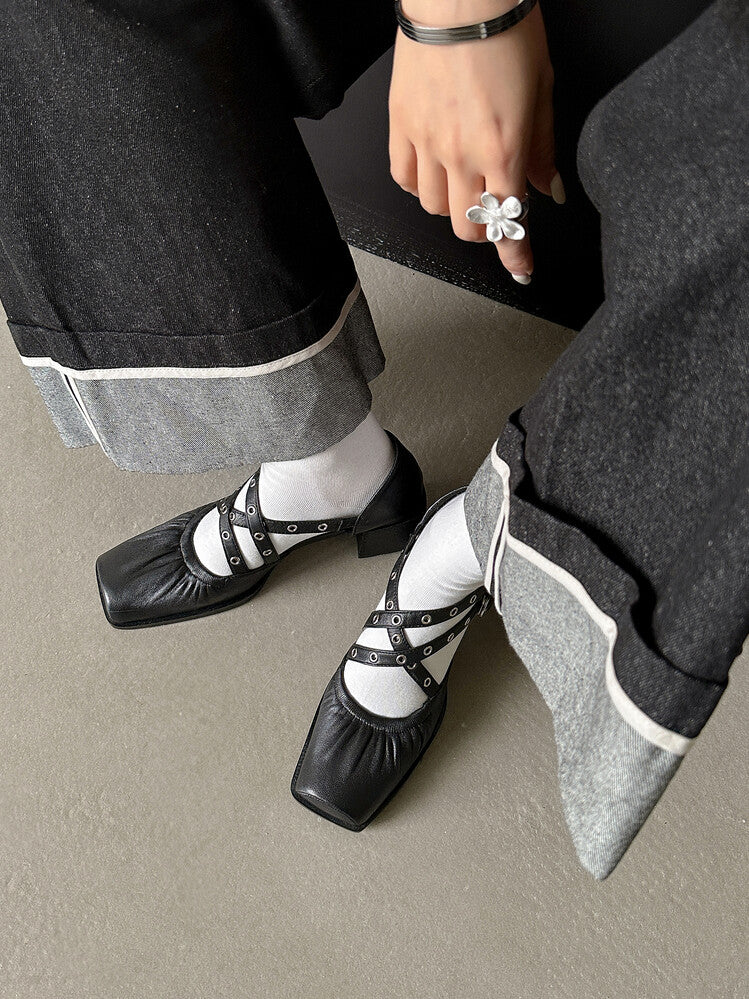 Karin Luna In Stock Spot Goods First Layer Sheepskin Cross Strap Rivet Square Toe Mary Jane Sandals