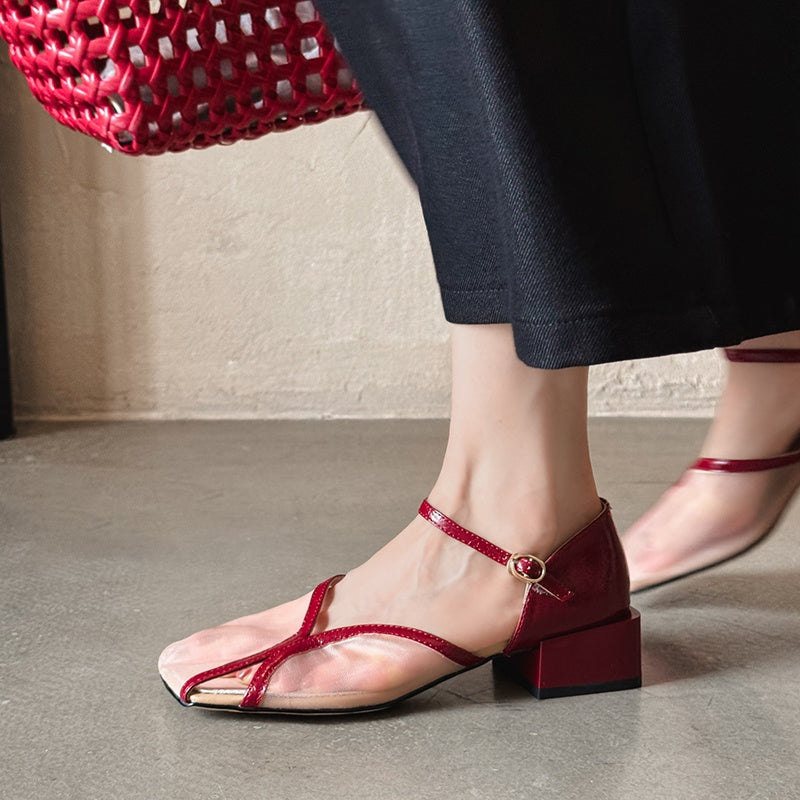 Karin Luna In Stock In Stock  Internet Celebrity Style Square Toe Mesh Chunky Heel Sandals