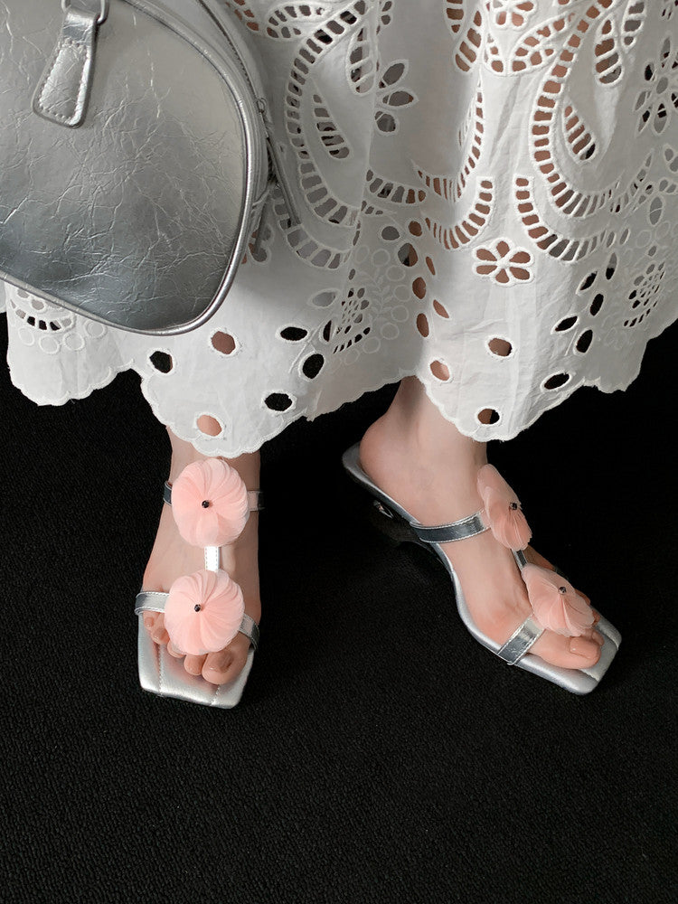 Karin Luna Hot-Selling Floral Square Toe Irregular Heel Floral Slippers