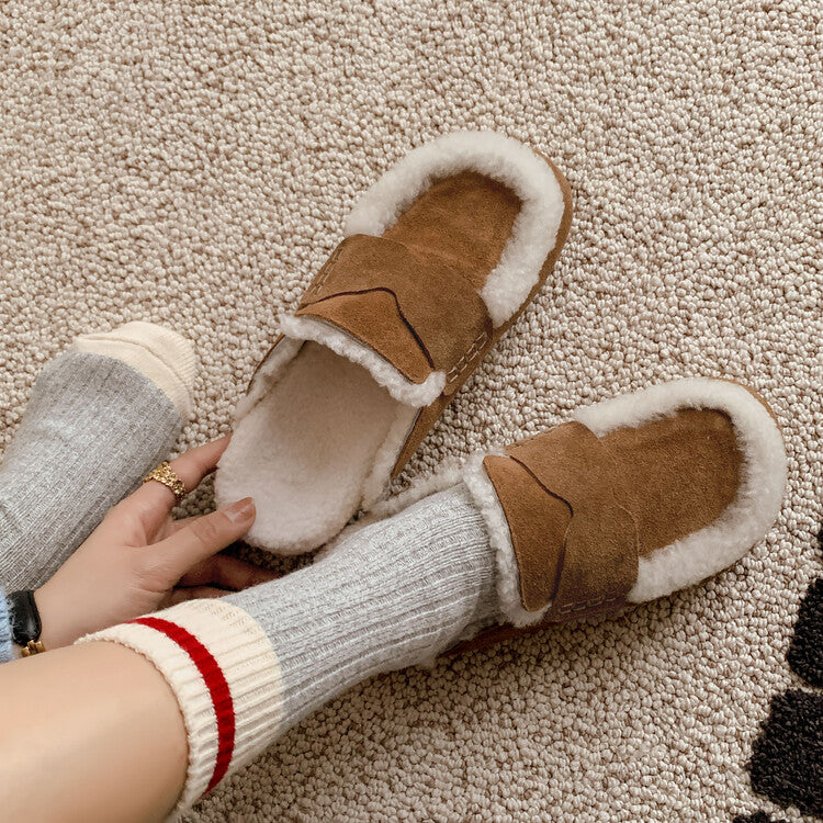 Karin Luna In Stock Look~This is such thick lamb wool Winter Atmosphere！Cowhide Leather Lamb Wool Round Toe Flat Sole Half Support！