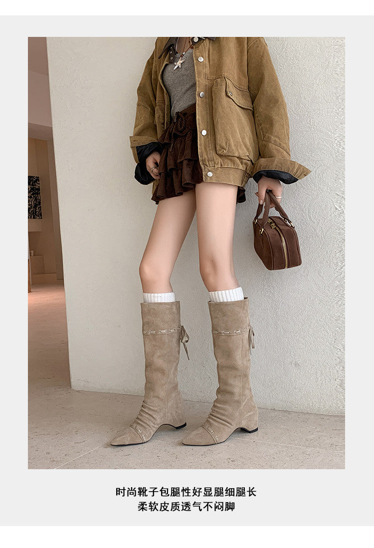 Karin Luna Elegant Style  Pointed Toe Pleated Hidden Wedge Western Boots