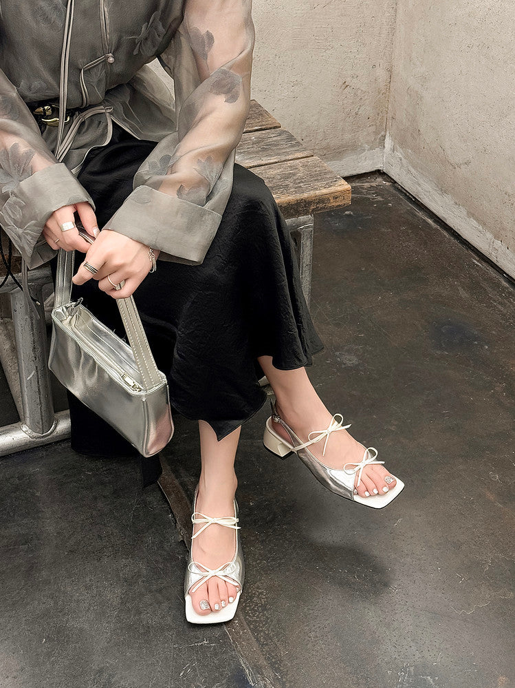 Karin Luna In Stock Spot Goods Square Toe Double Bow Thick Heel Sandals