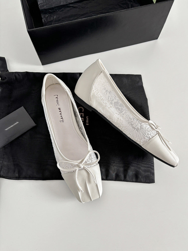 Karin Luna In Stock In Stock  Wrinkled Square Toe Patchwork Breathable Mesh Bow Granny Shoes
