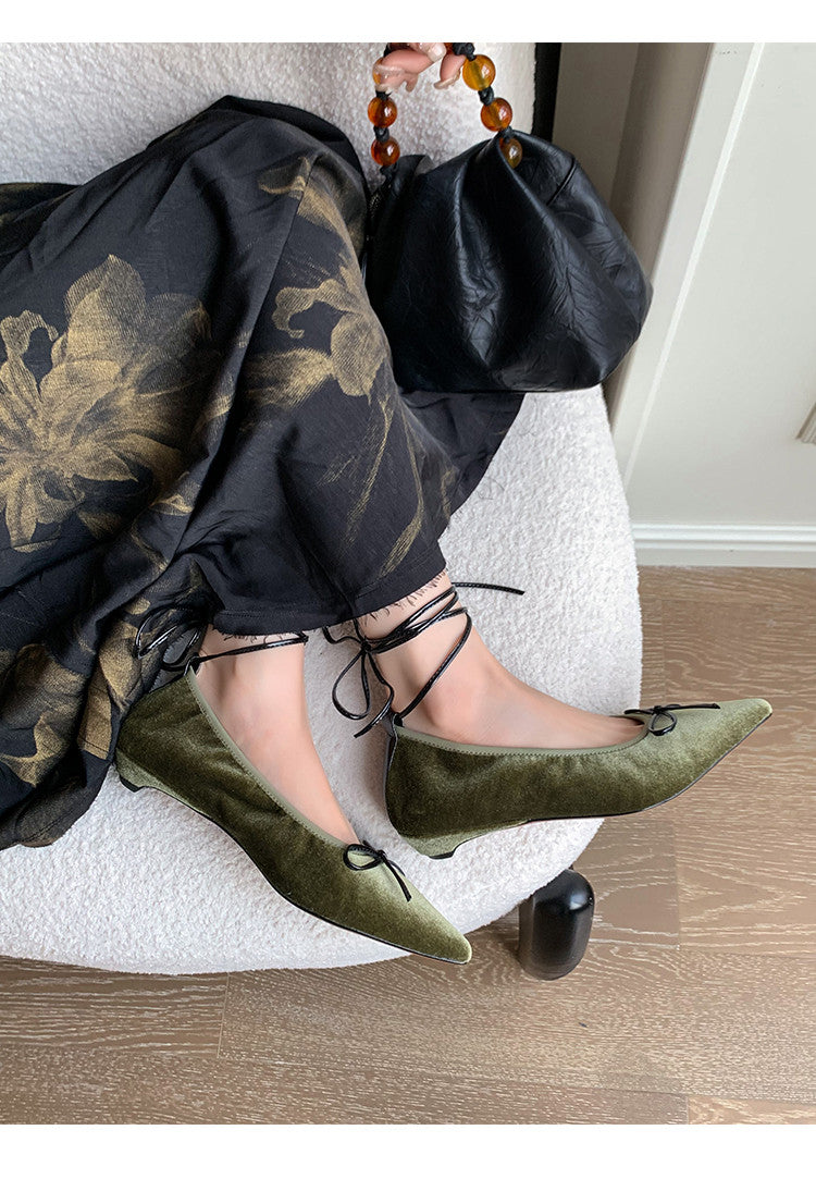 Karin Luna In Stock In Stock Retro Velvet Pointed Toe Bowknot Single Shoes