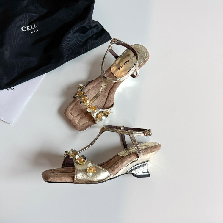 Karin Luna Hot-Selling Sequin Floral Series ~  Square Toe Irregular Heel Square Toe Sandals