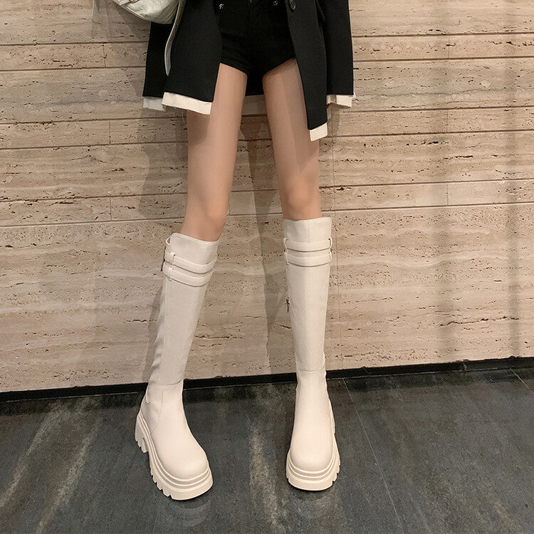 Karin Luna In Stock  Round Toe Thick Sole Casual Belt Buckle Long Boots