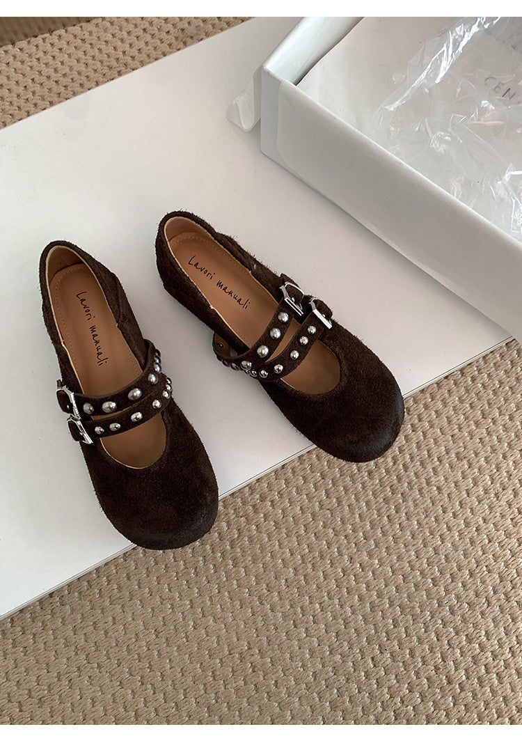 Karin Luna Hot Item Hot Item Punk Style One-Strap Round-Toe Suede Leather Height-Increasing Flats