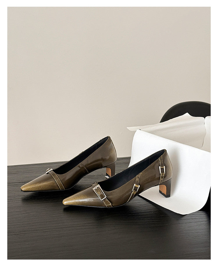 Karin Luna In Stock In Stock Retro Belt Buckle Small Square Toe Chunky Heel Single Shoes