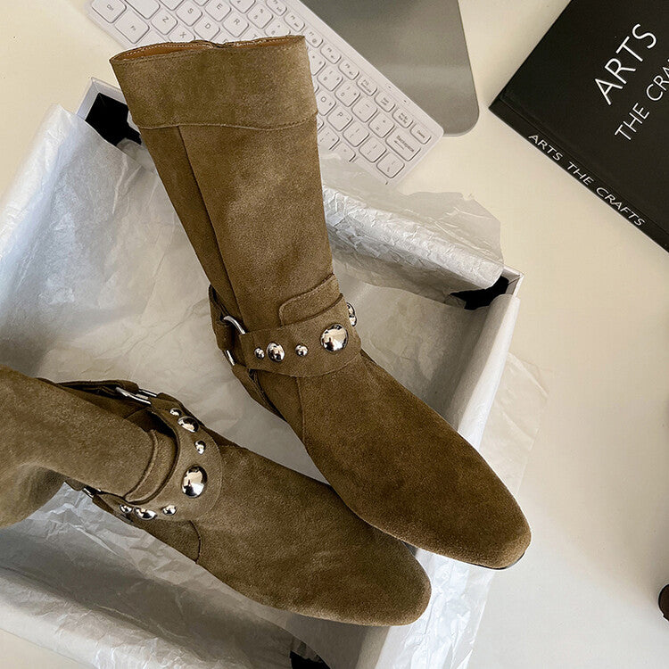 Karin Luna has prepared stock  Hot-Selling Retro Pointed Toe Wedge Metal Buckle High Tube Western Boots