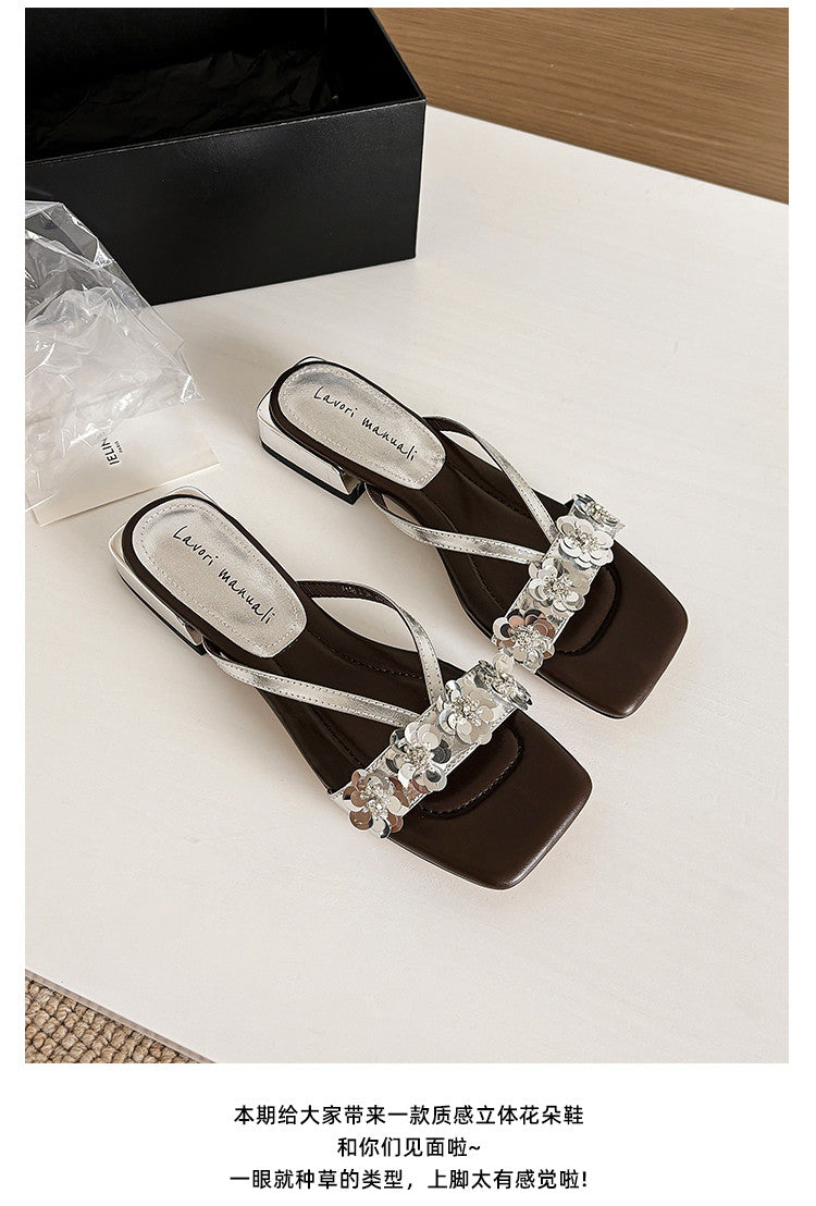 Karin Luna In Stock Spot Goods  One-Strap Sequin Floral Square-Toe Flat Slippers