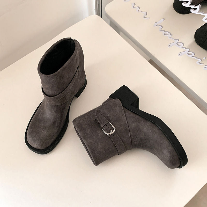 Karin Luna In Stock Spot Goods Versatile Basic Round Toe Belt Buckle Thick Sole Tube Boots