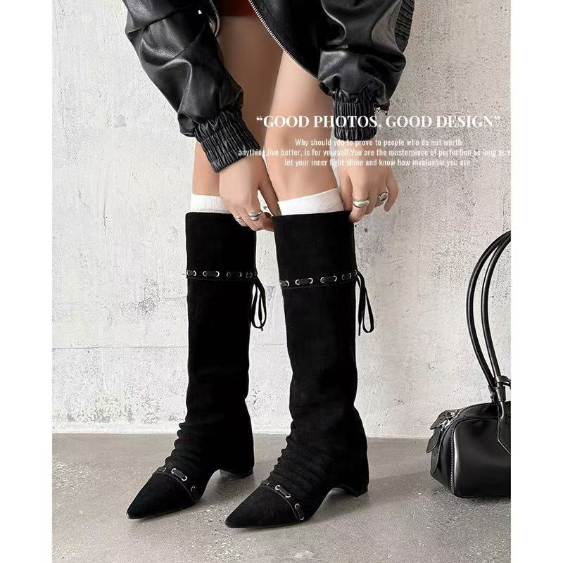 Karin Luna Elegant Style  Pointed Toe Pleated Hidden Wedge Western Boots