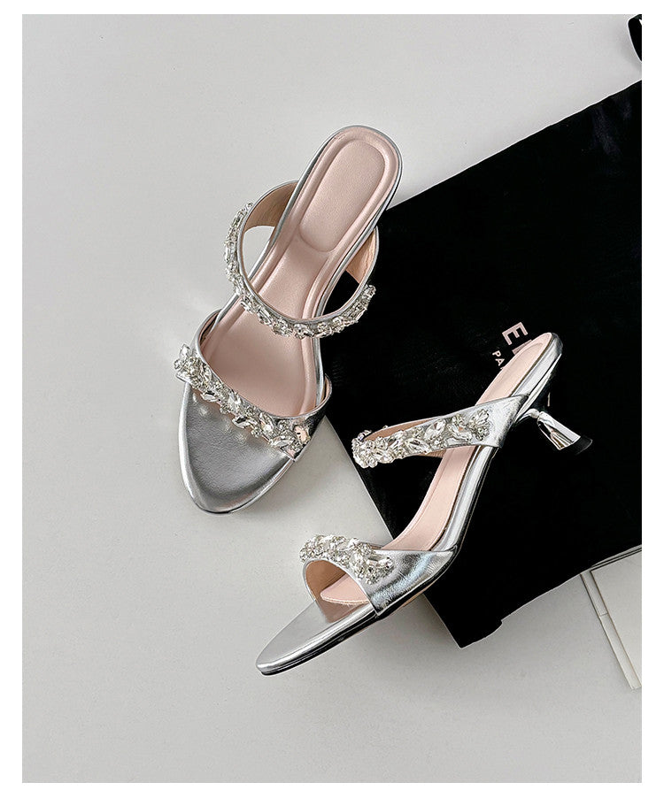 Karin Luna Exquisite Round Toe One-Strap Rhinestone Thin Heel Slippers