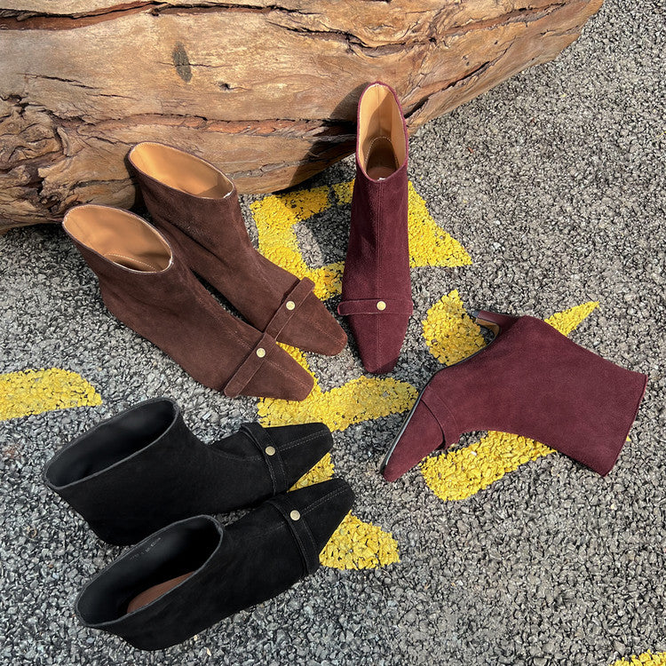 Karin Luna Elegant Style Small Square Toe Belt Buckle Thin Heel Short Boots