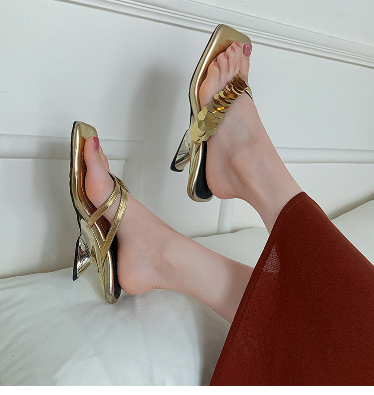Karin Luna In Stock Spot Goods   Sequin One-Strap Irregular Heel Sofa Insole Flip-Flops