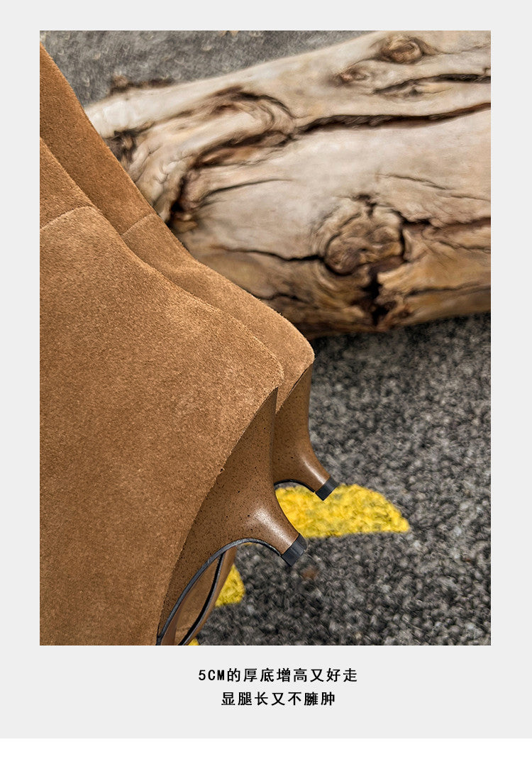 Karin Luna In Stock Spot Goods Retro Cowhide Pointed Toe Stiletto Elegant Long Boots