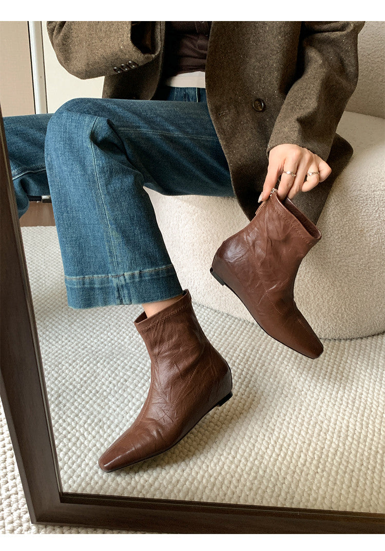 Karin Luna In Stock Spot Goods Slim Series  Hidden Wedge Small Square Toe Back Zipper Short Boots