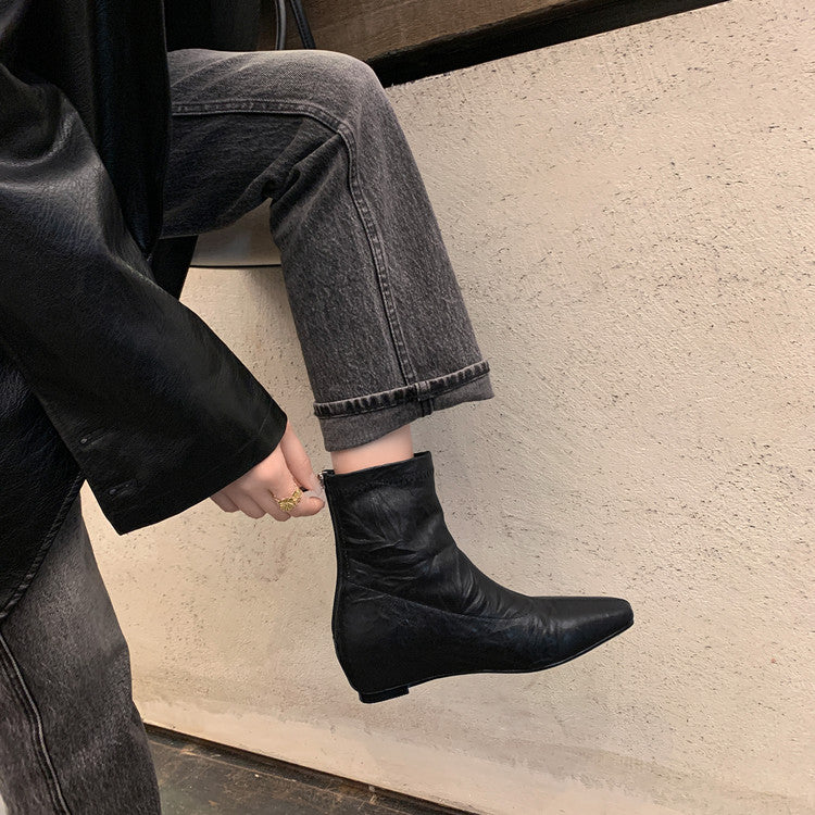 Karin Luna In Stock Spot Goods Slim Series  Hidden Wedge Small Square Toe Back Zipper Short Boots