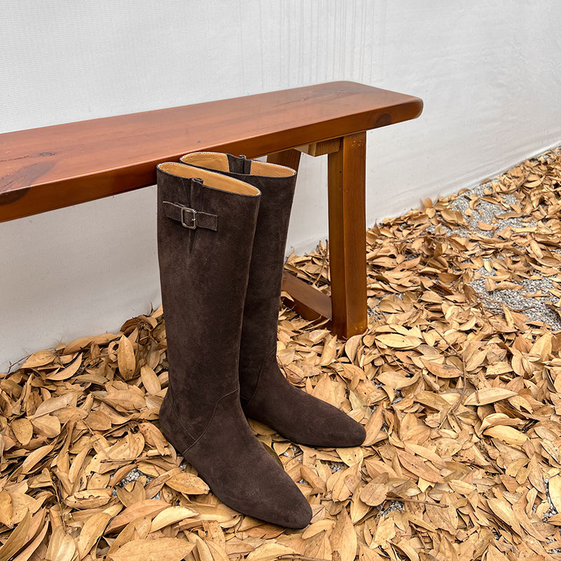 Karin Luna In Stock Spot Goods Vintage Cowhide Leather Chunky Heel Height Increasing Long Boots