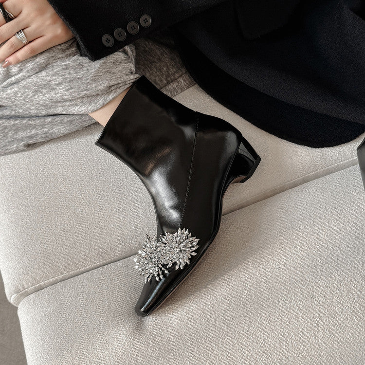 Karin Luna Elegant Style Square Toe Flower Design Height Increasing Short Boots with Two Front and Back Options