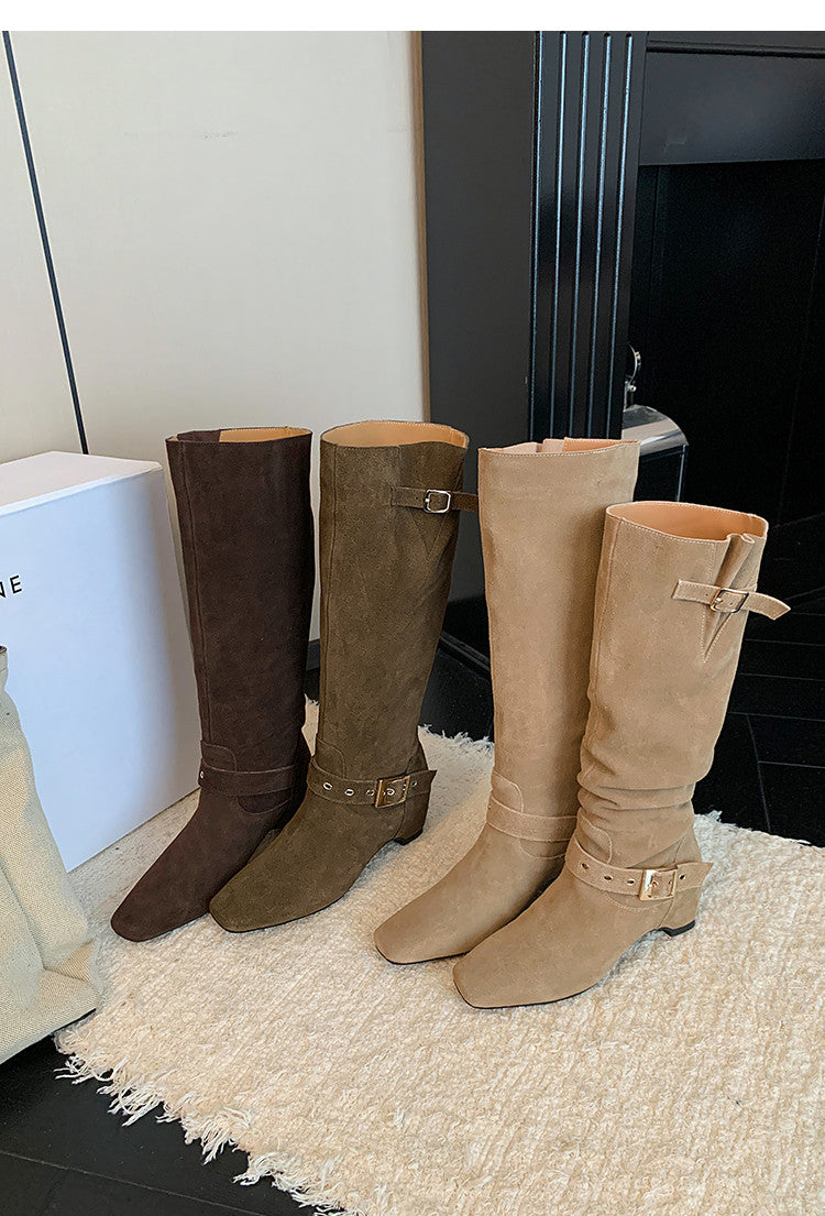 Karin Luna Data Model Belt Buckle Matte Square Toe Hidden Wedge Slouch Western Boots