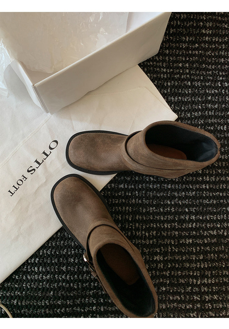 Karin Luna In Stock Spot Goods Versatile Basic Round Toe Belt Buckle Thick Sole Tube Boots