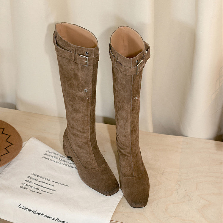 Karin Luna Belt Buckle Elegant Chunky Heel Suede Western Boots