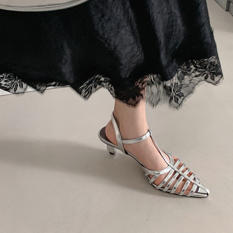 Karin Luna French Hollow Toe Metal Heel Elegant Sandals