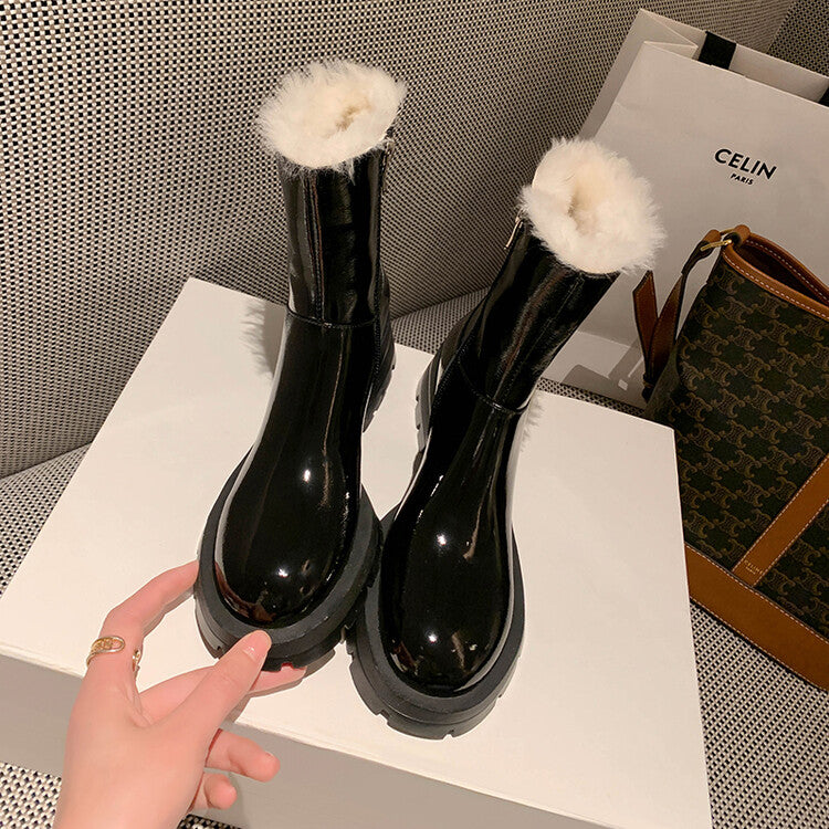 Karin Luna In Stock  Best-selling in stock Thickened Fleece Cow Patent Leather Hot-Selling Flat Short Boots
