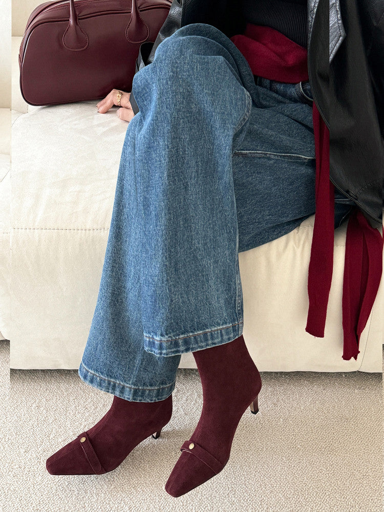 Karin Luna Elegant Style Small Square Toe Belt Buckle Thin Heel Short Boots