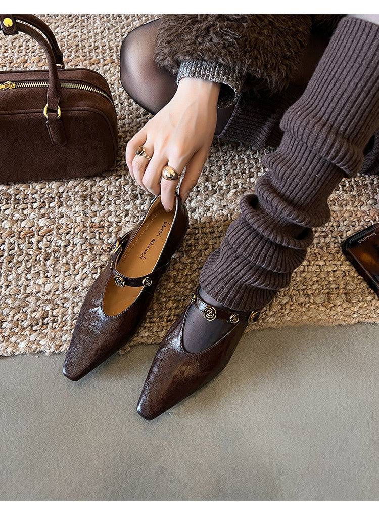 Karin Luna In Stock Spot Goods    Retro Classic Metal Camellia Irregular Heel Single Shoes
