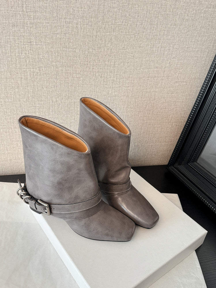 Karin Luna Data Hot Item Square Toe Hidden Wedge Belt Buckle Suede Ankle Boots