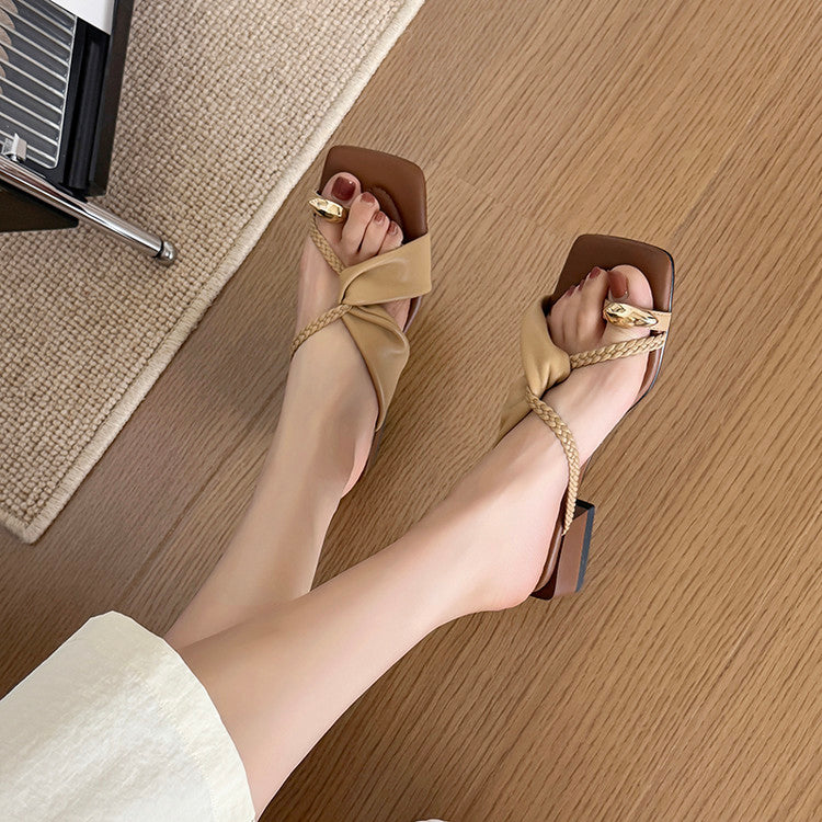 Karin Luna  Square Toe Braided Cross Thick Heel Flat Slippers