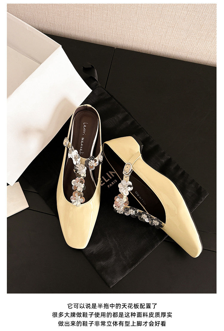 Karin Luna In Stock Spot Goods  T Handmade Sequin Flower Square Toe Height-Increasing Closed-Toe Slippers