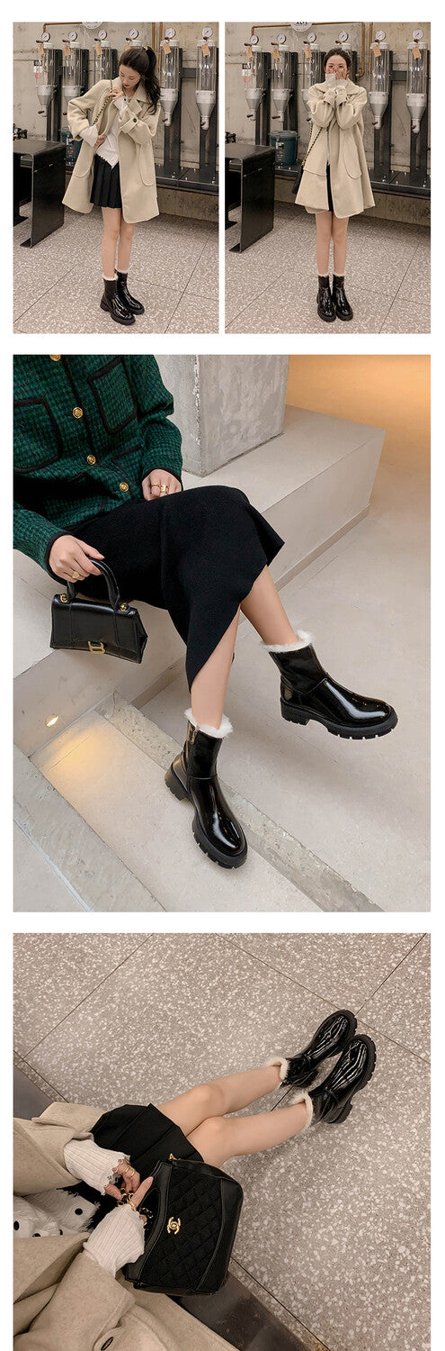 Karin Luna In Stock  Best-selling in stock Thickened Fleece Cow Patent Leather Hot-Selling Flat Short Boots