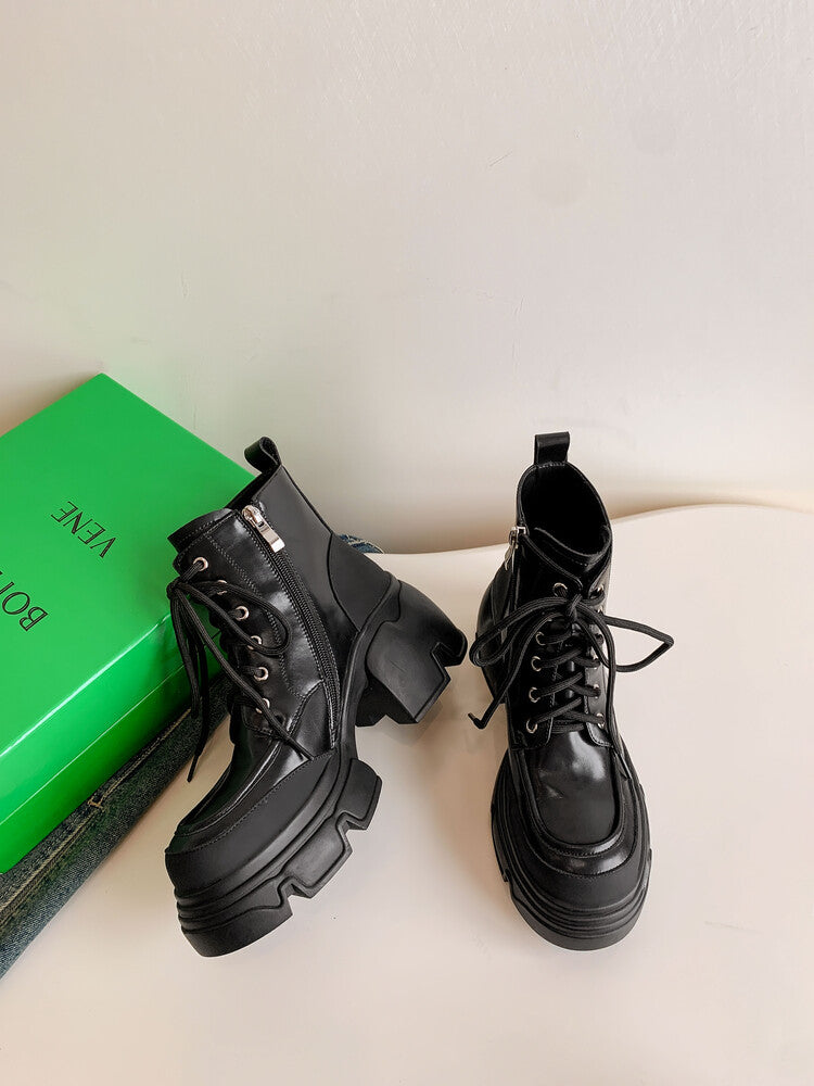 Karin Luna Casual Thick Sole Full Cowhide Lace-up Thick-soled Short Boots   Classic All-Matching