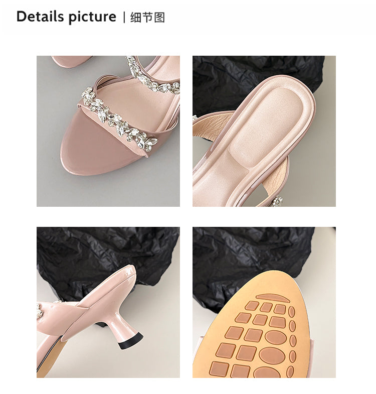 Karin Luna Exquisite Round Toe One-Strap Rhinestone Thin Heel Slippers