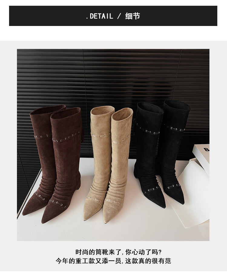 Karin Luna Elegant Style  Pointed Toe Pleated Hidden Wedge Western Boots