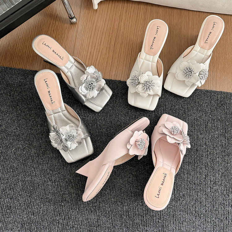 Karin Luna In Stock Spot Goods Camellia Classic style retro square toe shaped heel slippers