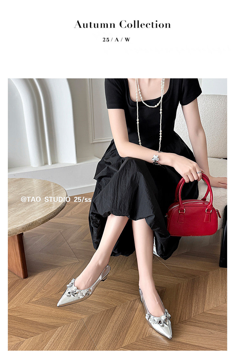Karin Luna In Stock In Stock  Sequin Floral Pointed Toe Chunky Heel Closed-Toe Sandals