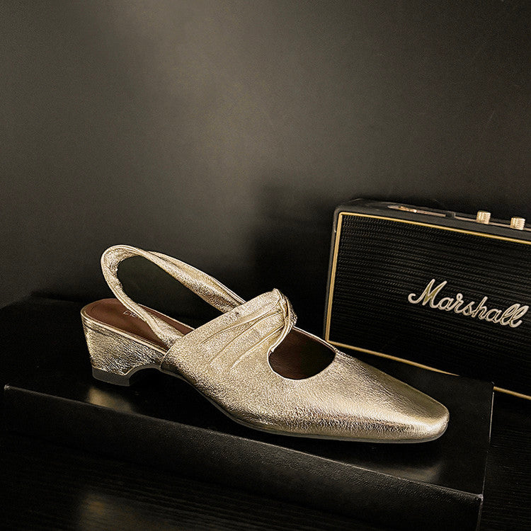 Karin Luna In Stock  Spot Goods Small Square Toe Wrinkled Chunky Heel Closed-Toe Sandals