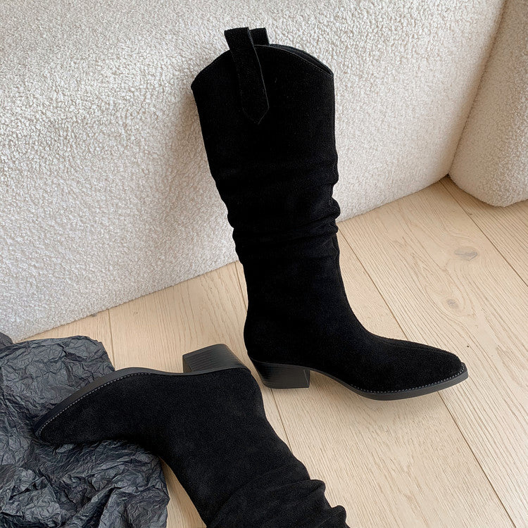 Karin Luna Elegant Style  Pointed Toe Wrinkled Wide Western Boots