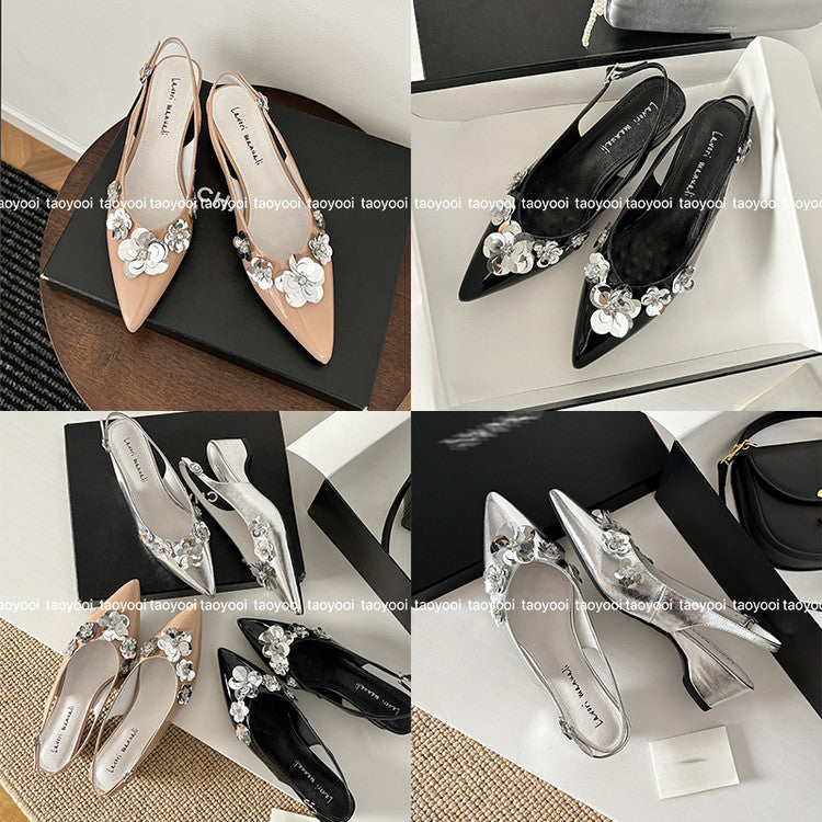 Karin Luna In Stock In Stock  Sequin Floral Pointed Toe Chunky Heel Closed-Toe Sandals