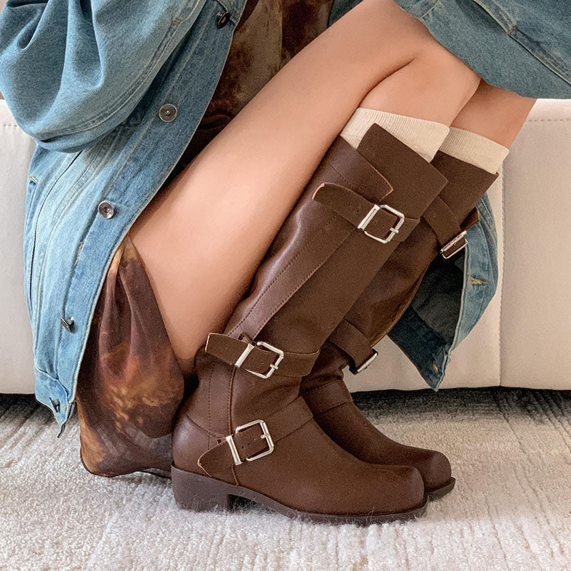 Karin Luna In Stock In Stock European and American Style Square Toe Thick Sole Belt Buckle Long Boots