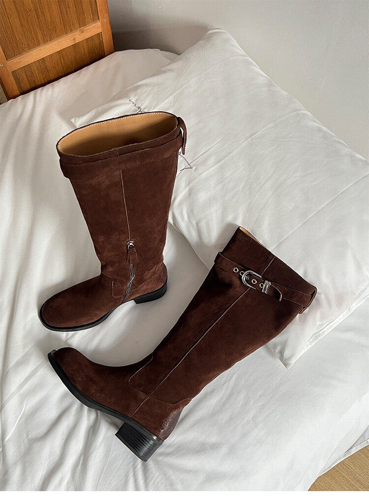 Karin Luna Chunky Heels Round Head Belt Buckle  Fashionable Suede Boots