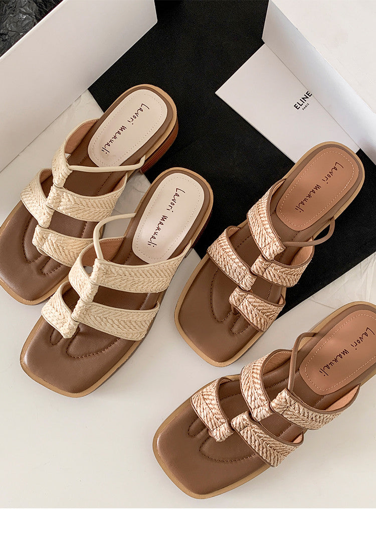 Karin Luna In Stock Spot Goods  Popular Element Woven Style Square Toe Thong Sandals