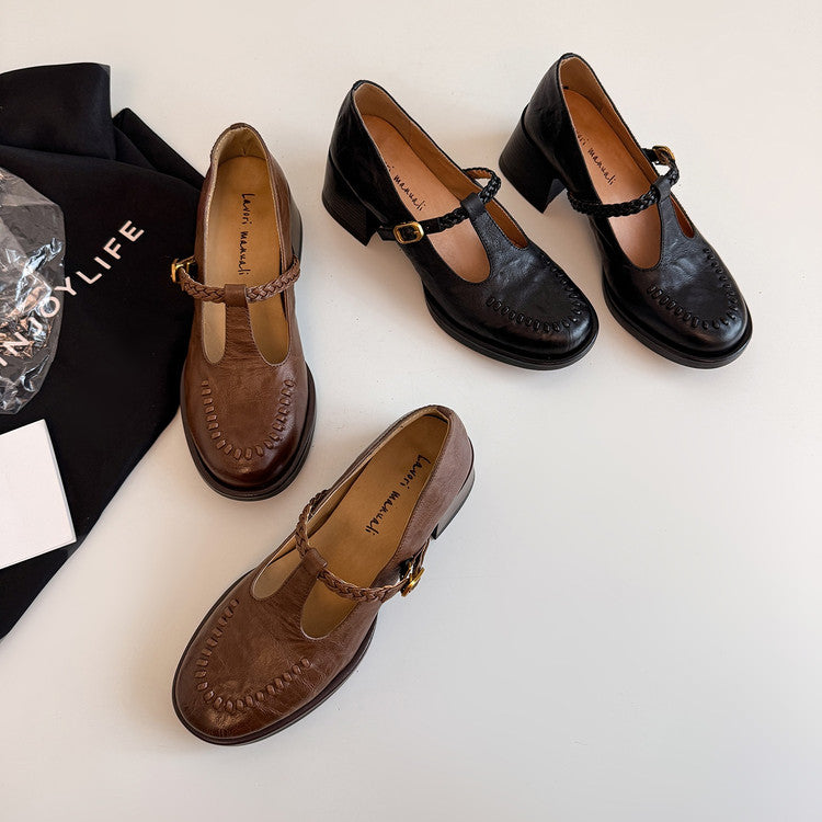 Karin Luna In Stock Spot Goods Vintage Braided Twist High Heels T Round Toe Thick Sole Single Shoes