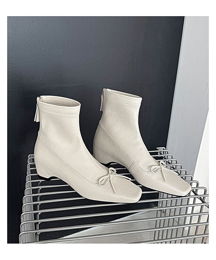 Karin Luna French Style Square Toe Bowknot Hidden Wedge Slim Boots