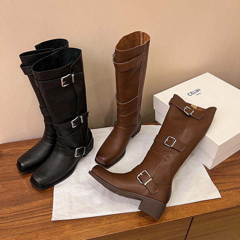 Karin Luna In Stock In Stock European and American Style Square Toe Thick Sole Belt Buckle Long Boots