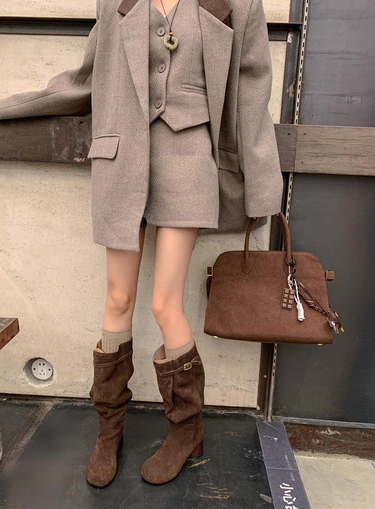 Karin Luna In Stock In Stock Mango Head Large Tube Belt Buckle Chunky Heel Long Boots